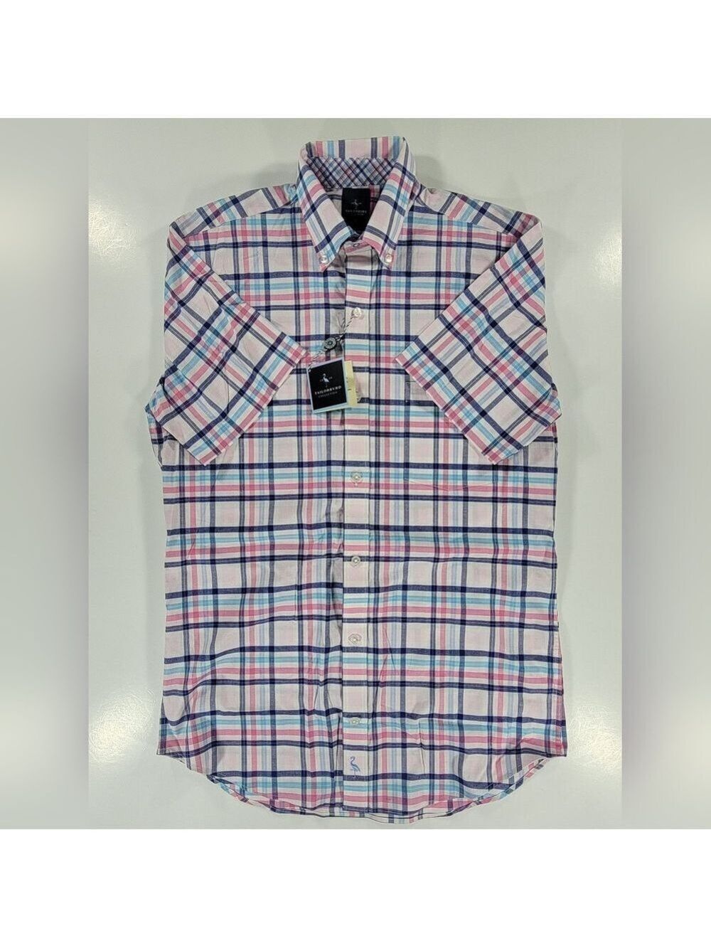 NEW Tailorbyrd Collection Mens Medium Blue Plaid Short Sleeve Button Up Shirt